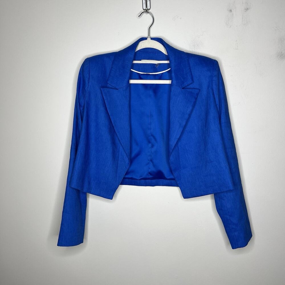 Alice And‎ Olivia Blazer Womens 4 Blue Linen Blend Open Cropped Lined Career - Picture 9 of 13
